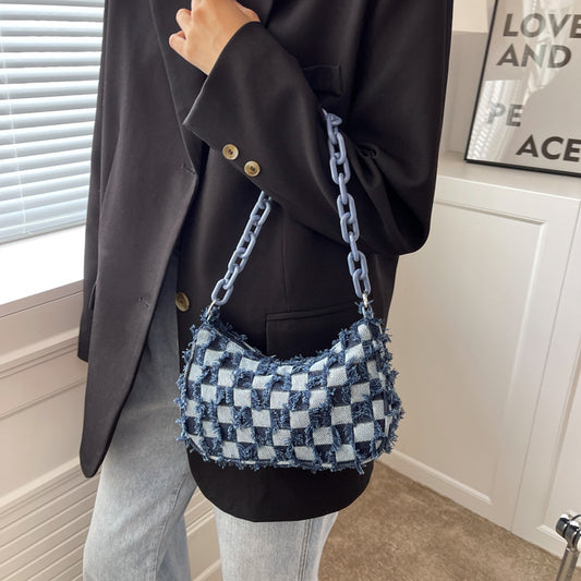 Sac à main en denim à carreaux et patchwork pour femme 