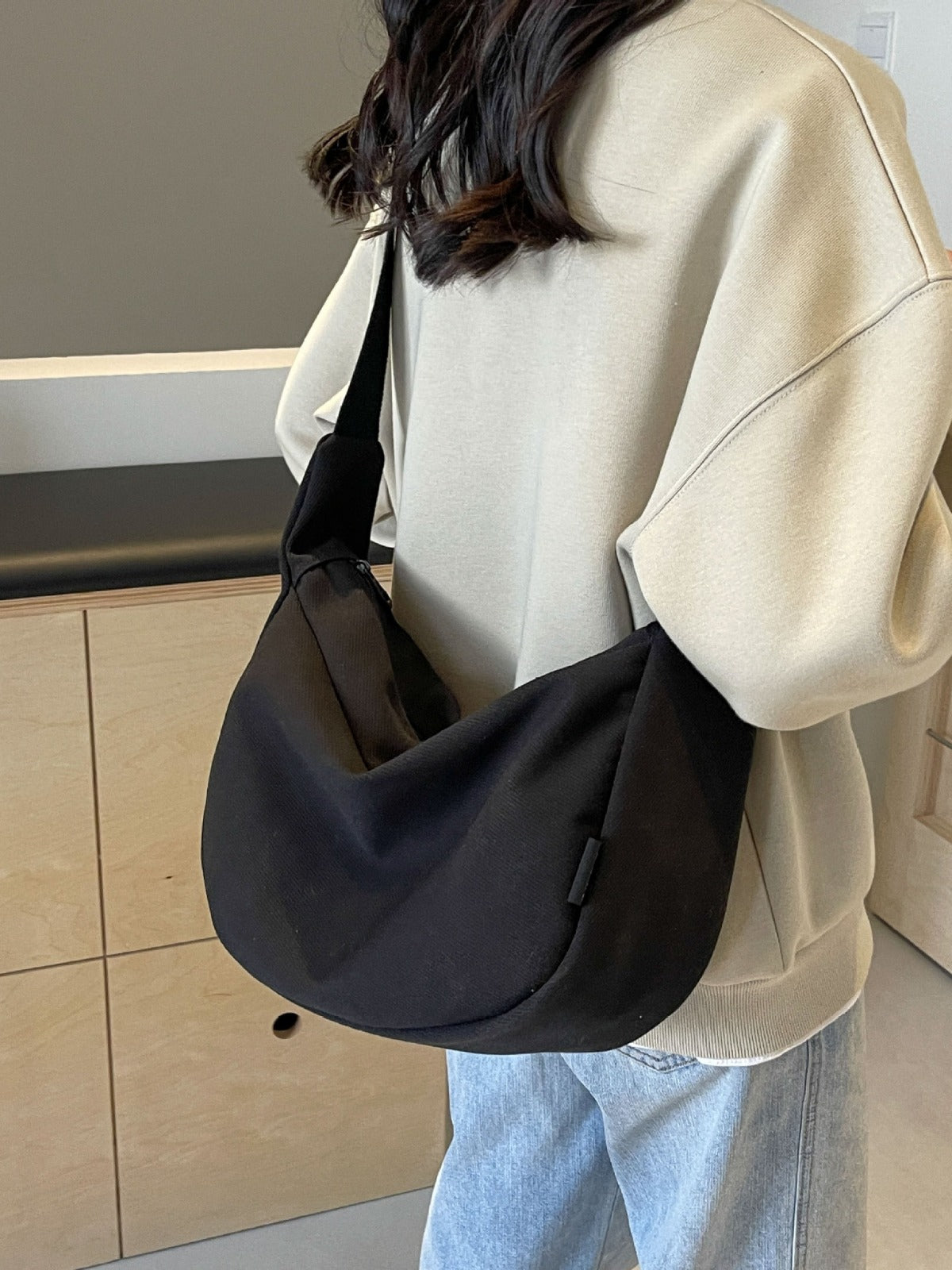 Sac à bandoulière en toile de couleur unie, design simple et tendance, grande capacité 