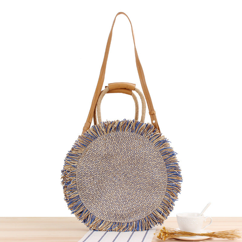 Women Bohemian Straw Woven Tassel Round Shoulder Bag