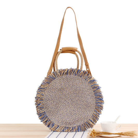Women Bohemian Straw Woven Tassel Round Shoulder Bag
