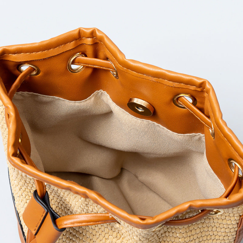 Women Bohemian Grass Woven Wide-Brimmed Jacquard Strap Drawstring Shoulder Bag