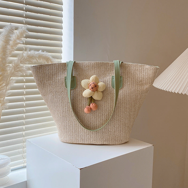 Women Fashionable Straw Woven Three-Dimensional Floral Large Capacity Tote Bag