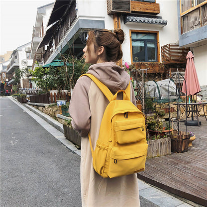 Women Casual Basic Multi-pocket Design Solid Color Large Capacity Canvas Backpack