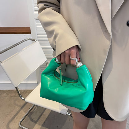 Women Chic Beaded Zipper Design Solid Color PU Handle Bag