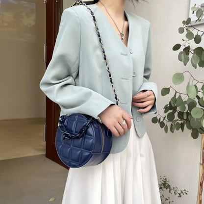 Sac à bandoulière rond en PU pour femme, joli sac à chaîne avec fermeture éclair, couleur unie, motif écossais gaufré 