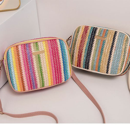 Women Fashion Vacation Beach Boho Vertical Stripe Rainbow Straw Woven Shoulder Crossbody Bags