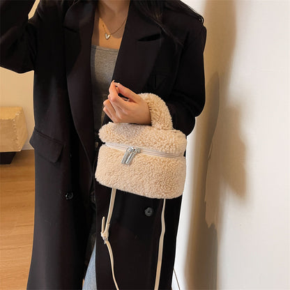 Sac à bandoulière en peluche à fermeture éclair de couleur unie pour femme, mode automne et hiver 