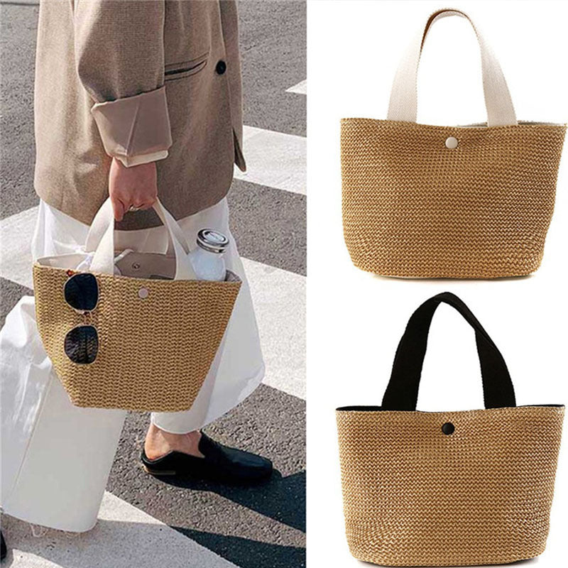 Sac fourre-tout en paille tissée pour femme, élégant, décontracté, à la mode, pour les vacances, la plage, couleur unie 