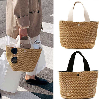 Sac fourre-tout en paille tissée pour femme, élégant, décontracté, à la mode, pour les vacances, la plage, couleur unie 
