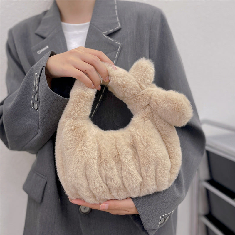 Women'S Fashion Solid Color Bow Crinkled Plush Cloud Shell Handbag