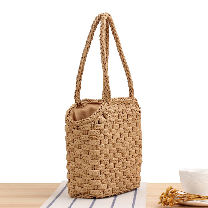 Sac à main tissé en paille pour femme, style Mori, simple, idéal pour les vacances 