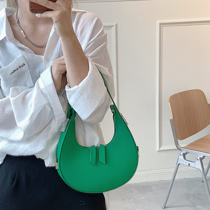 Women Chic Zipper Design Crescent Shape Solid Color PU Underarm Bag