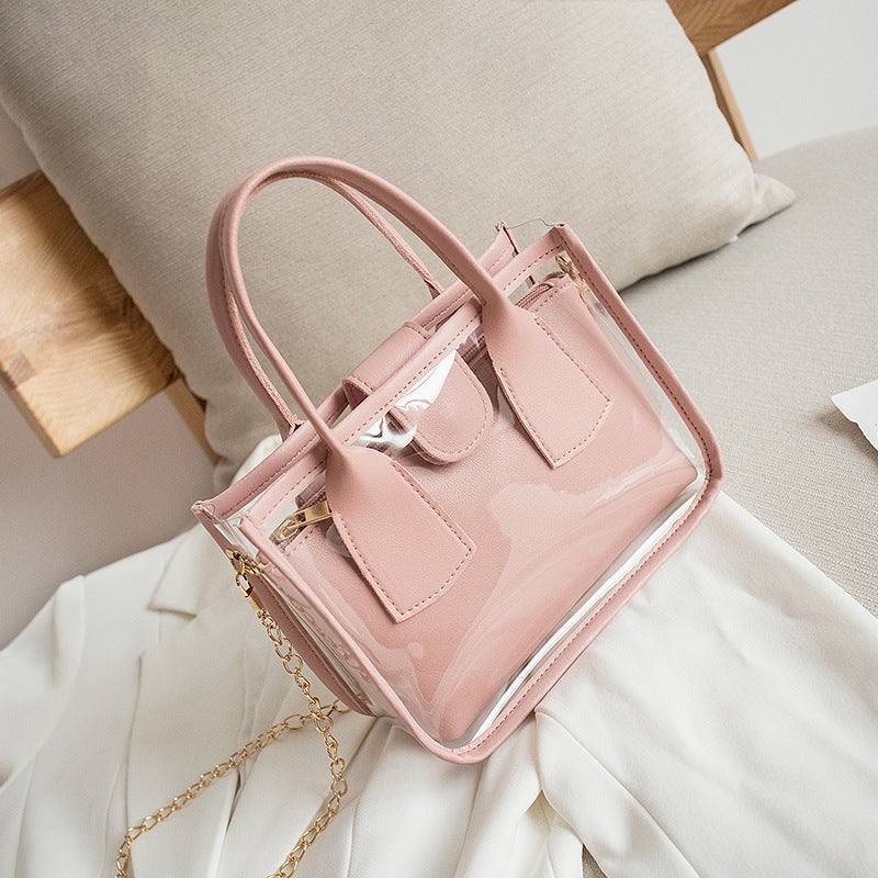 Women Fashion Zipper Design Transparent Solid Color PU Crossbody Bag