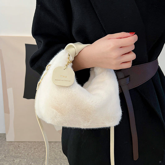 Autumn And Winter Women Fashionable Solid Color Plush Handle Crossbody Bag