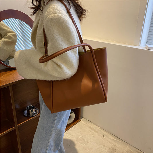 Women Simple Solid Color Large Capacity PU Tote Bag
