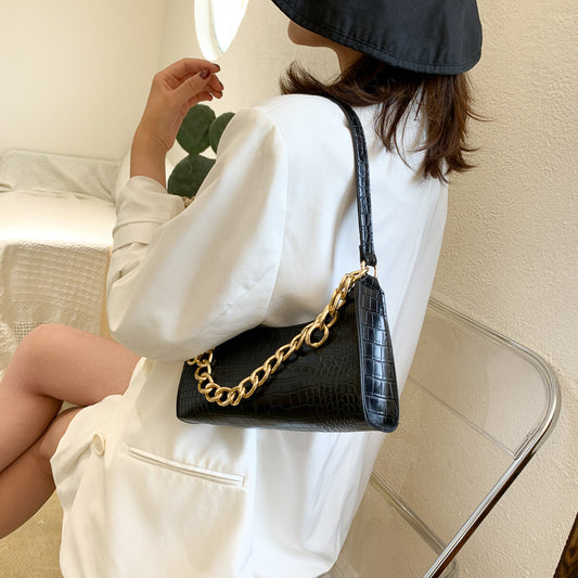 Women Vintage Chain Decorated Crocodile Pattern PU Shoulder Bag