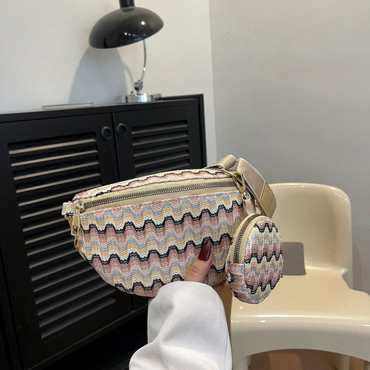 Sac à bandoulière en paille tissée à blocs de couleurs pour femme, style ethnique, tendance été 