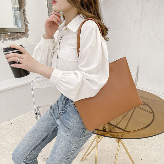 Women Fashion Basic Zipper Design Solid Color Large Capacity PU Tote Bag