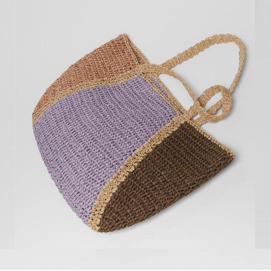 Sac fourre-tout de plage tissé en paille de couleur contrastée, grande capacité, tendance, pour les vacances 