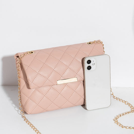 Women Fashion Solid Color Rhombic Quilted Flap PU Square Chain Crossbody Bag