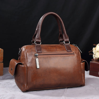 Women Fashion Retro Large Capacity Rivet Fur Ball Pendant PU Handle Shoulder Bag