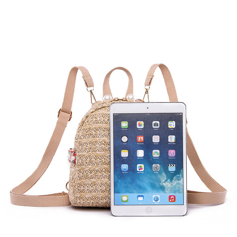 Straw Woven Women Pastoral Pearl Design Solid Color Backpack