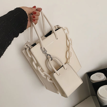 2 In 1 Women Fashion Basic Chain Decorative Solid Color PU Handle Bag