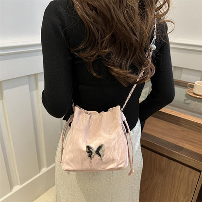 Summer Women Fashionable Solid Color Butterfly Decoration Drawstring Bucket Crossbody Bag