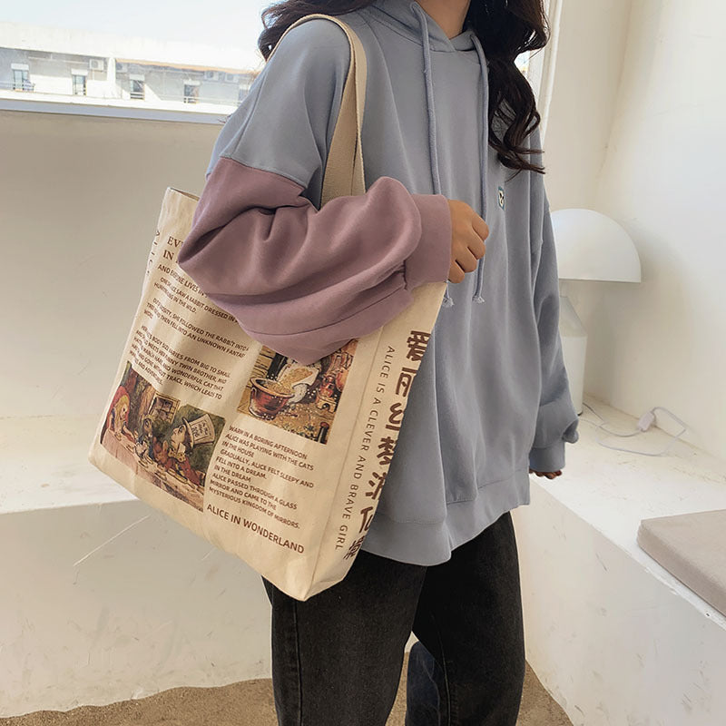 Sac à bandoulière en toile grande capacité pour femme, décontracté, motif dessin animé, motif lettres 