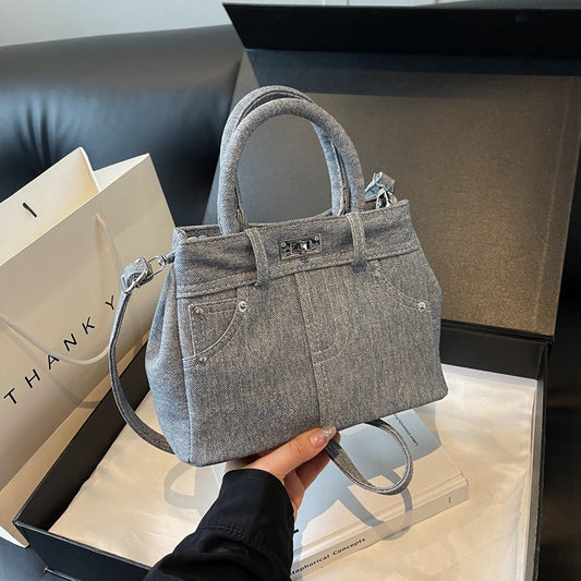 Women Fashion Simple Lock Denim PU Handle Shoulder Bag