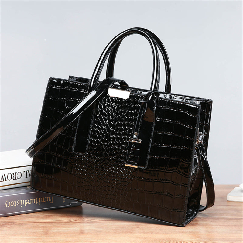 Women Vintage Zipper Design Crocodile Pattern Large Capacity PU Handle Bag