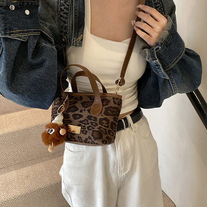 Women Fashion Casual Leopard Pendant Frosted Suede Shoulder Handbag