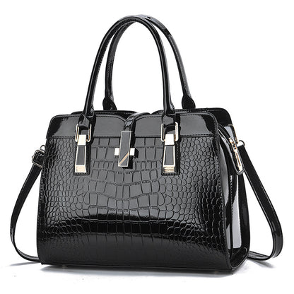 Women Fashion Bright Leather Large Capacity Crocodile Print Square Handbag