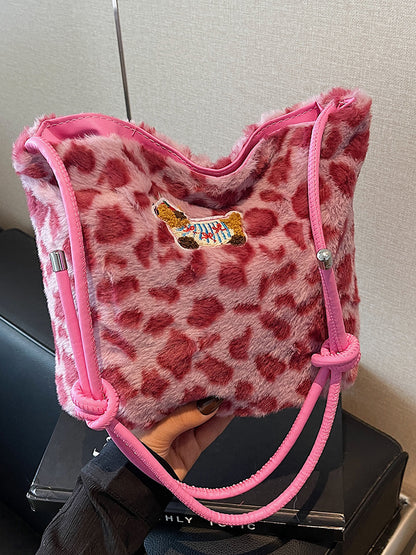 Sac à bandoulière en peluche léopard grande capacité pour femme 