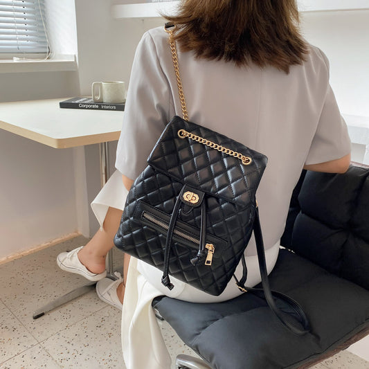 Women Casual Flap Buckle Design Rhombus Stitching PU Backpack