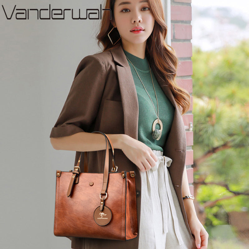 Women Casual Pendant Design Solid Color Large Capacity PU Handle Bag