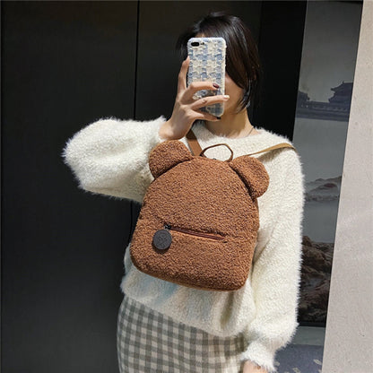 Women Cute Bear Shape Zipper Design Solid Color Plush Backpack