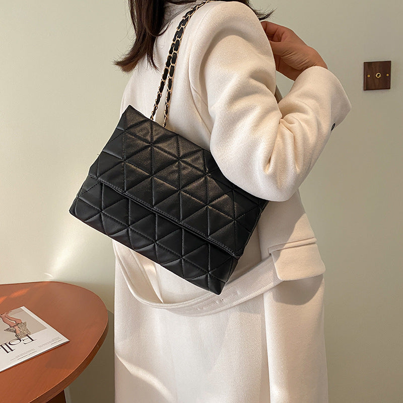 Women Casual Chain Design Solid Color Rhombus Large Capacity PU Shoulder Bag