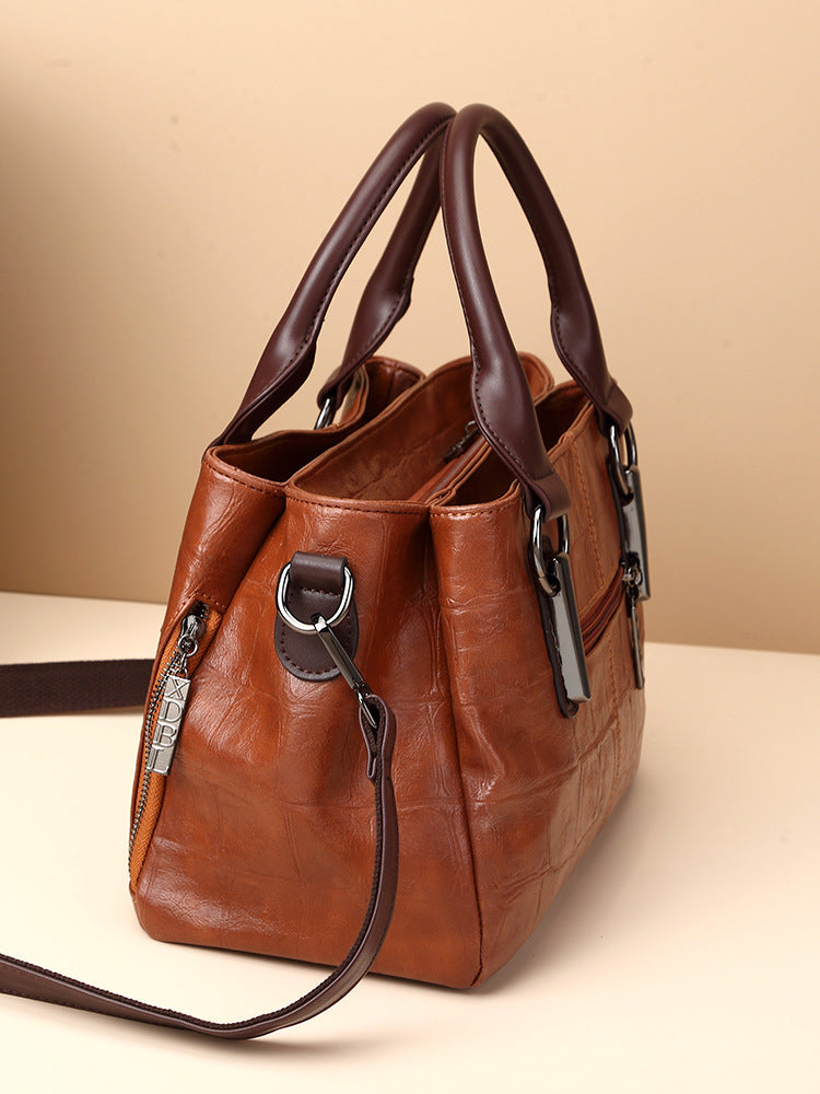 Women Fashion Retro Three-Layer Large Capacity PU Handle Bag