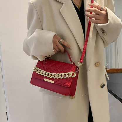 Women Fashion Thick Chain Rhombus Stitching Design Solid Color PU Crossbody Bag