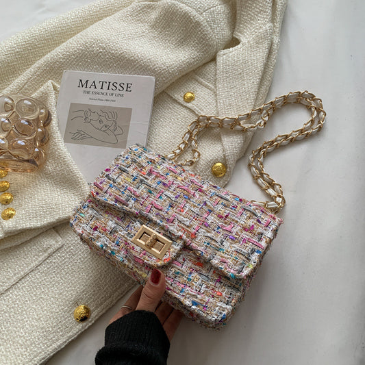 Women Fashionable Woolen Multicolor Plaid Flap Lock Square Chain Shoulder Crossbody Bag