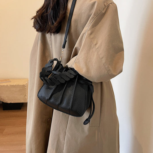 Women Fashionable Simple Solid Color Creased Strap PU Bucket Crossbody Bag
