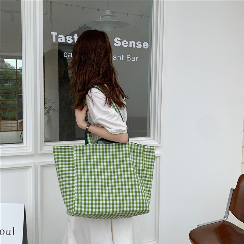 Women Casual Design Plaid Pattern Canvas Large Capacity Shoulder Handle Tote Bag