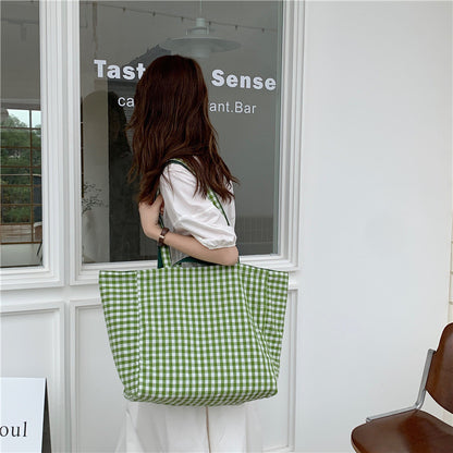 Women Casual Design Plaid Pattern Canvas Large Capacity Shoulder Handle Tote Bag