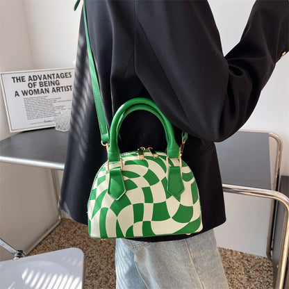 Women Chic Zipper Design Shell ShapedColor Blocking PU Handle Bag