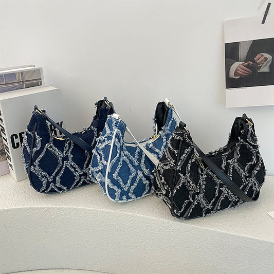 Sac à bandoulière en denim tendance pour femme avec coutures rhombiques et fermeture éclair 