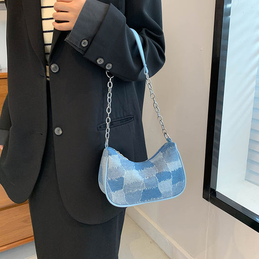 Sac à bandoulière rétro en denim pour femme, style décontracté, simple et à chaîne 