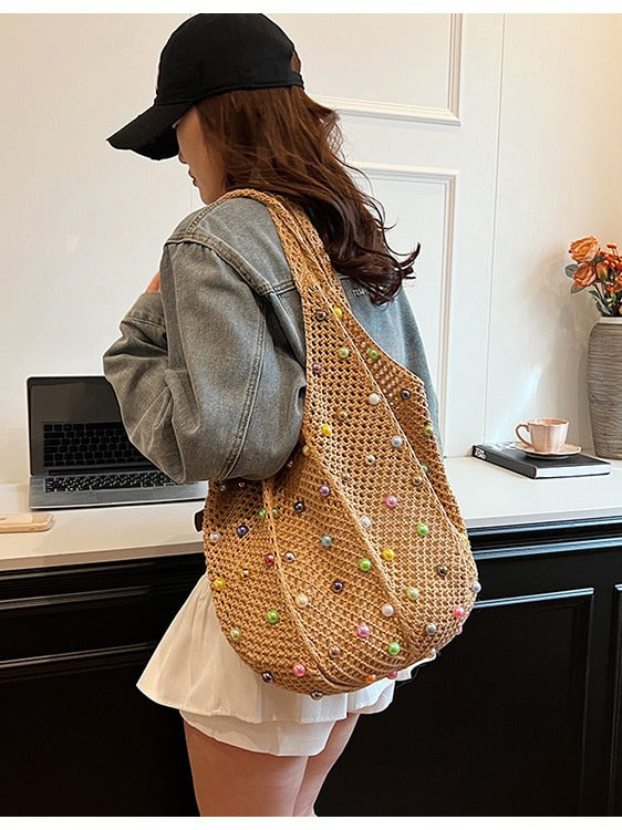 Sac fourre-tout tissé creux à perles pour femme