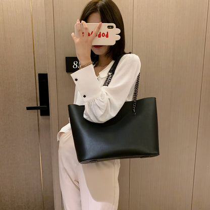 Women Casual Chain Design Solid Color Large Capacity PU Tote Bag
