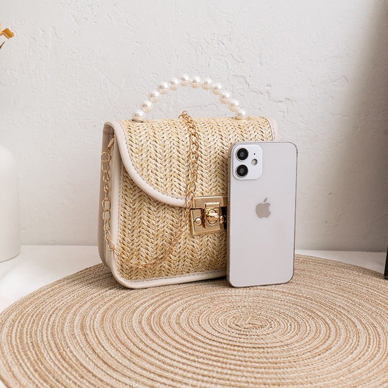 Sac à bandoulière décontracté à rabat avec chaîne et boucle en métal tissée de perles pour femme 